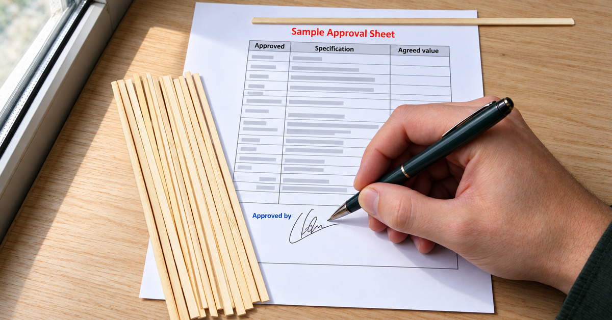 A hand signing a sample approval sheet next to a bundle of bamboo coffee stirrers