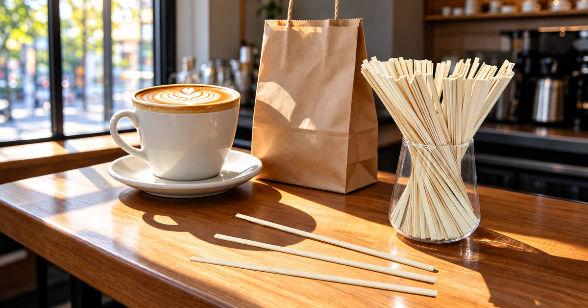Bamboo coffee stirrers in a glass beside a latte and a kraft paper bag on a cafe counter