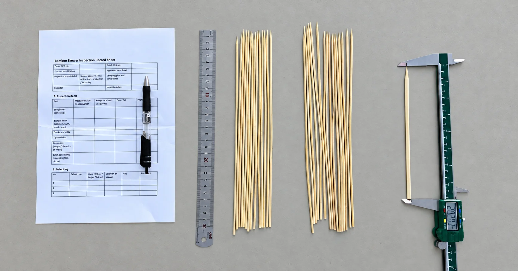Close-up of acceptable bamboo skewers beside pieces with splinters, cracks, surface damage and tip defects