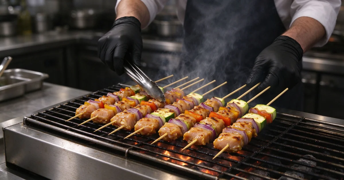 Skewered food cooking over a grill in a commercial kitchen