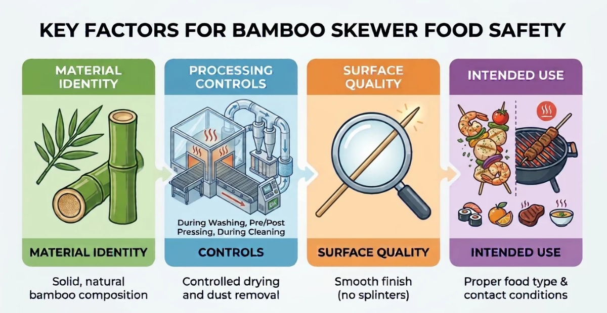 Infographic showing the four factors that decide bamboo skewer food safety: material identity, processing controls, surface quality and intended use
