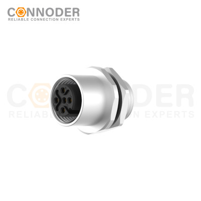 M12 Female Circular Connector-Panel Mount,Solder Connection,A code,M12x1.0, Rear Fastened