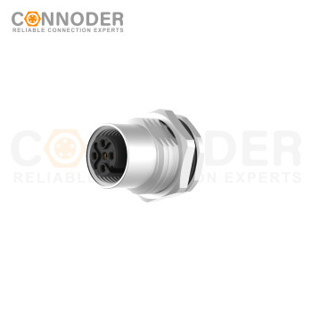 M12 Female Circular Connector-Panel Mount,PCB Dip-solder Connection,A code,M16x1.5, Front Fastened