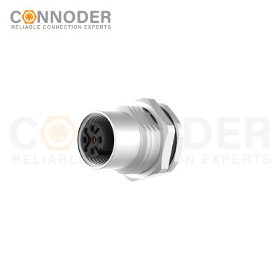M12 Female Circular Connector-Panel Mount,PCB Dip-solder Connection,A code,M16x1.5, Front Fastened