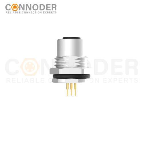 M12 Female Circular Connector-Panel Mount,PCB Dip-solder Connection,A code,M16x1.5, Front Fastened