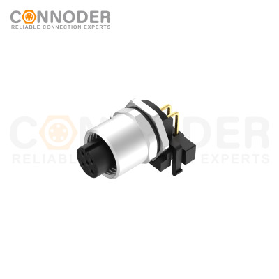 M12 Female Angle Circular Connector-Panel Mount, PCB Dip-solder Connection,A code,M12x1.0,