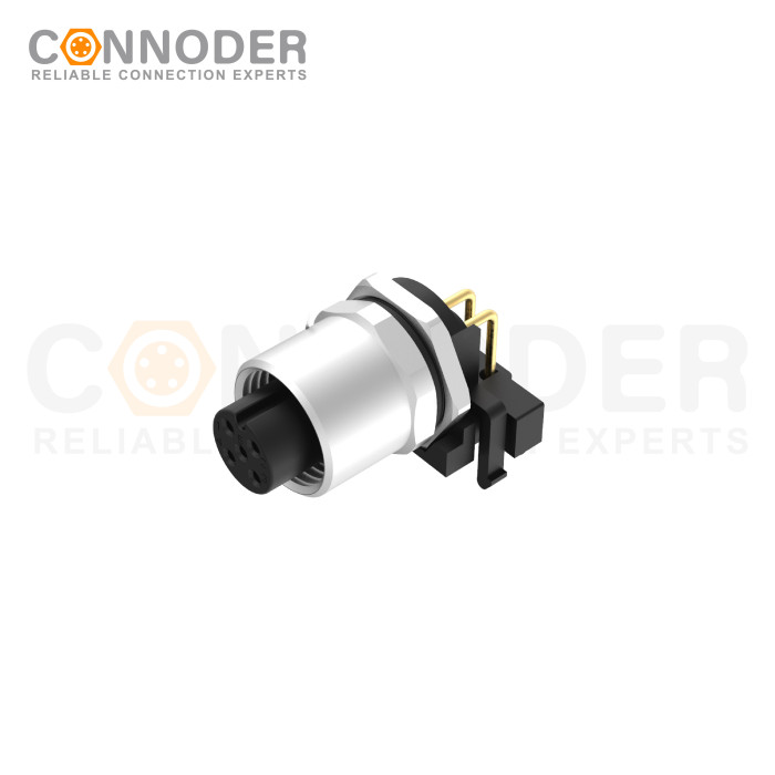 M12 Female Angle Circular Connector-Panel Mount, PCB Dip-solder Connection,A code,M12x1.0,