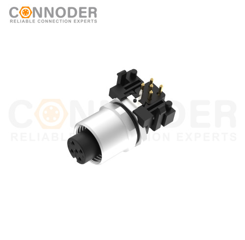 M12 Female Angle Circular Connector-Panel Mount, PCB Dip-solder Connection,A code,M12x1.0,