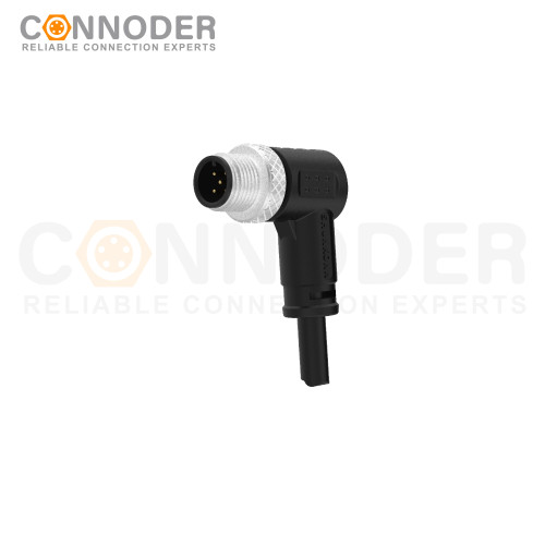 M12 Male Cable Connector-Right Angle Overmolded Cable,UL, PUR, black,Solder Connection,A code,