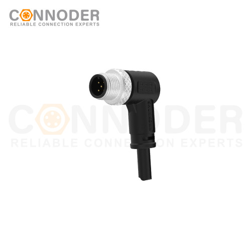 M12 Male Cable Connector-Right Angle Overmolded Cable,UL, PUR, black,Solder Connection,A code,
