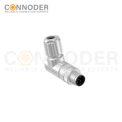 Right Angle Male M12 4 Pin Field Wireable Connector | Male Right Angle Metal Assembled,Field Wireable,Solder Connection,A code,Shielded