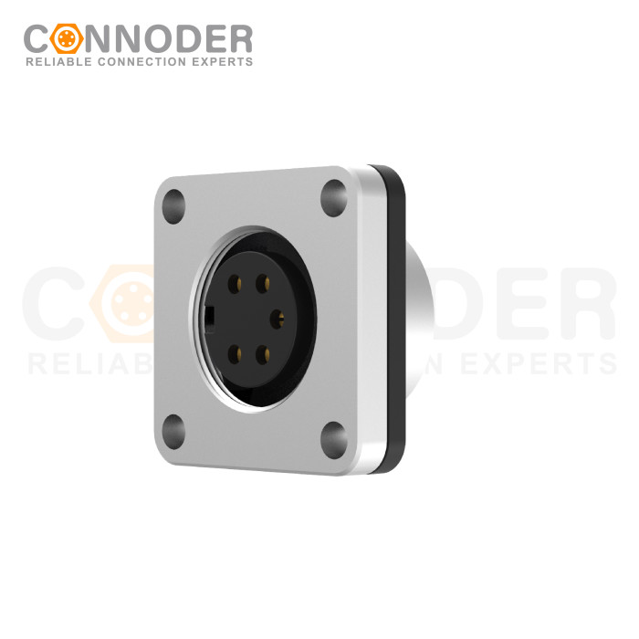 M16 Square Flange 5Pin Female Socket Panel Mount Connector with 4-hole Flange,IP67 Waterproof,Solder Type, Unshielded
