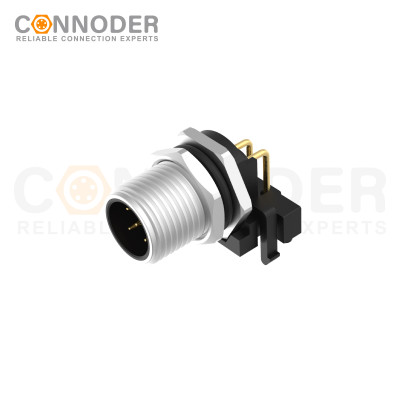 M12 B Code Male Angle Circular Connector-Panel Mount, PCB Dip-solder Connection,M12x1.0,