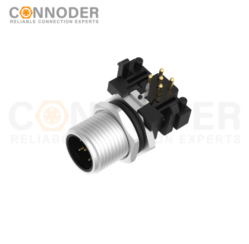M12 B Code Male Angle Circular Connector-Panel Mount, PCB Dip-solder Connection,M12x1.0,