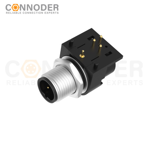 M12 Male Curved Circular Connector-Rear Mount Sockets, PCB Dip-solder Connection,B code,M15x1