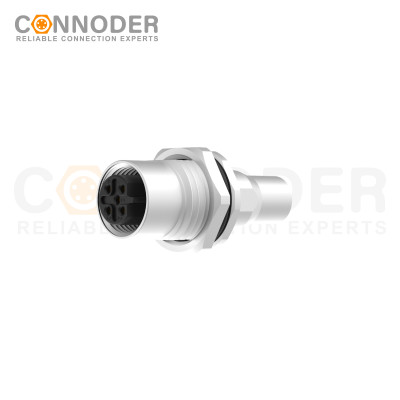 M12 B code Female Circular Connector-Panel Mount,Solder Connection,M16x1.5, Front Fastened,Shielded