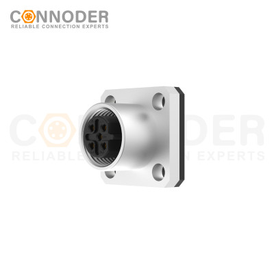 M12 B code Female Circular Connector-Panel Mount,Solder Square Flange,14x14