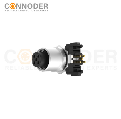 M12 B code Female Angle Circular Connector-Panel Mount, PCB Dip-solder Connection,M12x1.0,