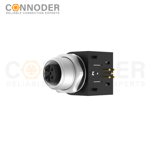 M12 B code Female Curved Circular Connector-Rear Mount Sockets, PCB Dip-solder Connection,M15x1