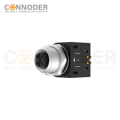 M12 B code Female Curved Circular Connector-Rear Mount Sockets, PCB Dip-solder Connection,M15x1
