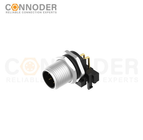 M12 D Coded Male Angle Circular Connector-Panel Mount, PCB Dip-solder Connection,M12x1.0,