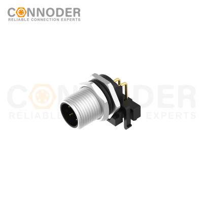M12 D Coded Male Angle Circular Connector-Panel Mount, PCB Dip-solder Connection,M12x1.0,