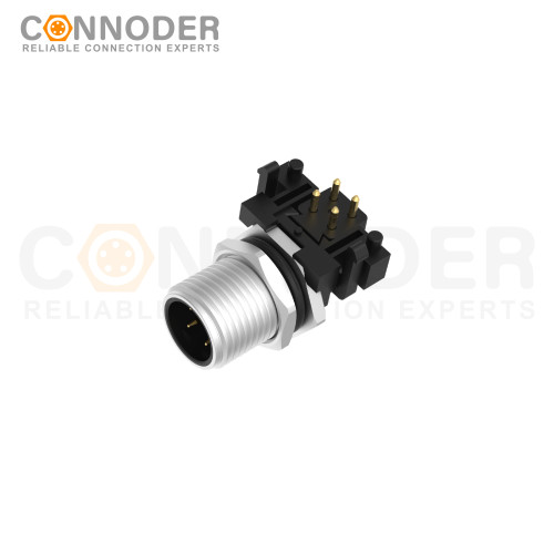 M12 D Coded Male Angle Circular Connector-Panel Mount, PCB Dip-solder Connection,M12x1.0,