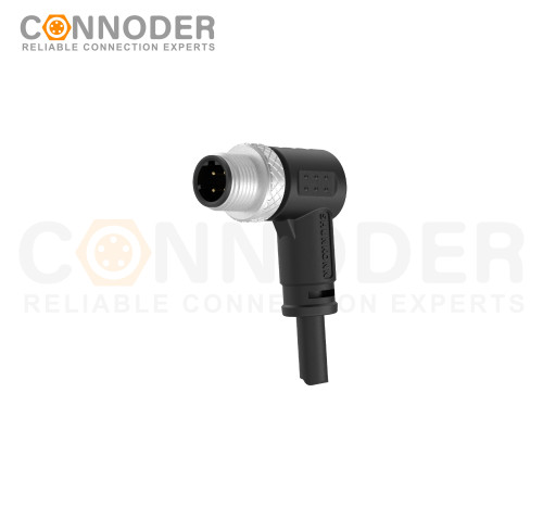 M12 D Coded Male Cable Connector-Right Angle Overmolded Cable,UL, PUR, black,Solder Connection