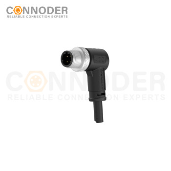 M12 D Coded Male Cable Connector-Right Angle Overmolded Cable,UL, PUR, black,Solder Connection