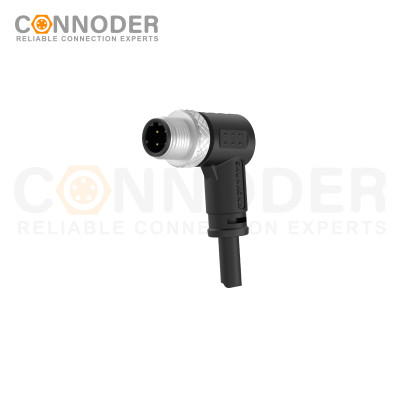 M12 D Coded Male Cable Connector-Right Angle Overmolded Cable,UL, PUR, black,Solder Connection