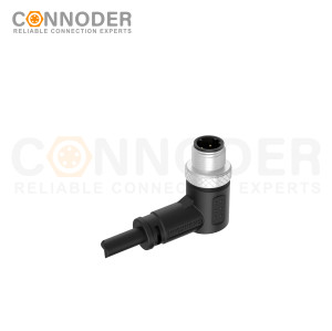 M12 D Coded Male Cable Connector-Right Angle Overmolded Cable,UL, PUR, black,Solder Connection