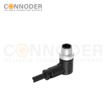 M12 D Coded Male Cable Connector-Right Angle Overmolded Cable,UL, PUR, black,Solder Connection
