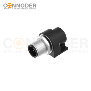 M12 D Coded Male Curved Circular Connector-Rear Mount Sockets, PCB Dip-solder Connection,M15x1