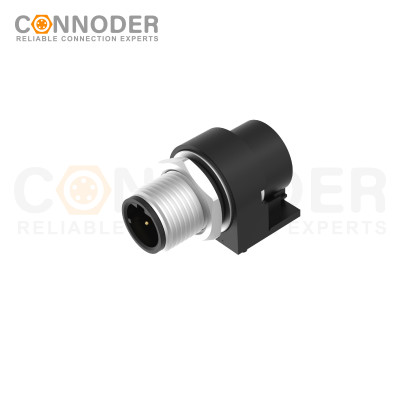M12 D Coded Male Curved Circular Connector-Rear Mount Sockets, PCB Dip-solder Connection,M15x1