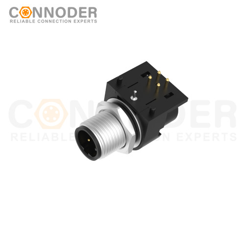 M12 D Coded Male Curved Circular Connector-Rear Mount Sockets, PCB Dip-solder Connection,M15x1