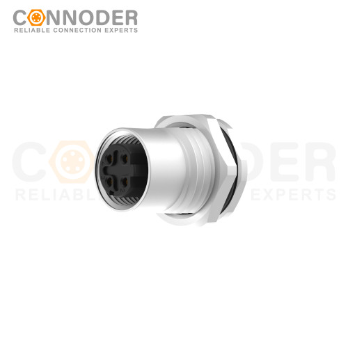 M12 D Coded Female Circular Connector-Panel Mount,PCB Dip-solder Connection,M16x1.5, Front Fastened