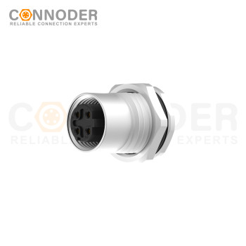 M12 D Coded Female Circular Connector-Panel Mount,PCB Dip-solder Connection,M16x1.5, Front Fastened