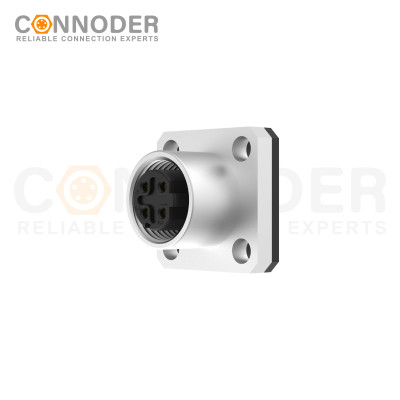 M12 D Coded Female Circular Connector-Panel Mount,Solder Square Flange,14x14