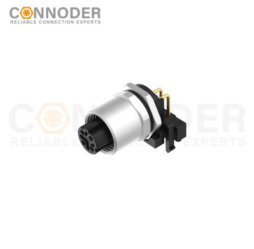 M12 D Coded Female Angle Circular Connector-Panel Mount, PCB Dip-solder Connection,M12x1.0,