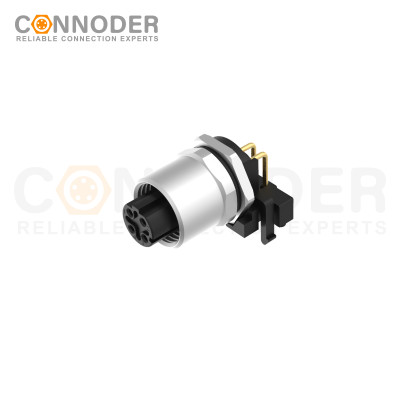 M12 D Coded Female Angle Circular Connector-Panel Mount, PCB Dip-solder Connection,M12x1.0,