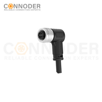M12 D Coded Female Cable Connector-Right Angle Overmolded Cable,UL, PUR, black,Solder Connection,Custom