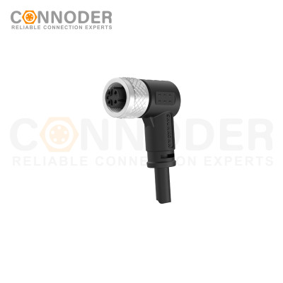 M12 D Coded Female Cable Connector-Right Angle Overmolded Cable,UL, PUR, black,Solder Connection,Custom