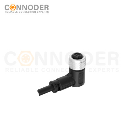 M12 D Coded Female Cable Connector-Right Angle Overmolded Cable,UL, PUR, black,Solder Connection,Custom