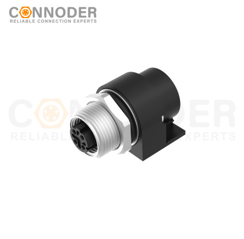 M12 D Coded Female Curved Circular Connector-Rear Mount Sockets, PCB Dip-solder Connection,M15x1