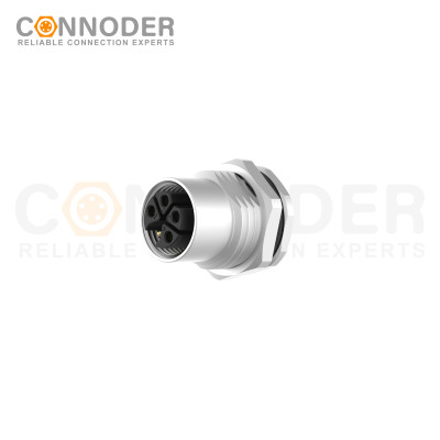 M12 K Code Female 4+PE Circular Connector-Panel Mount,Solder Connection,M16x1.5, Front Fastened