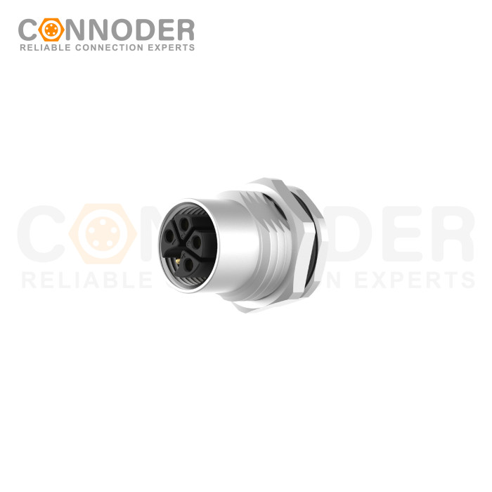 M12 K Code Female 4+PE Circular Connector-Panel Mount,Solder Connection,M16x1.5, Front Fastened
