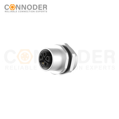 M12 K Code Female 4+PE Circular Connector-Panel Mount,Solder Connection,M16x1.5, Rear Fastened