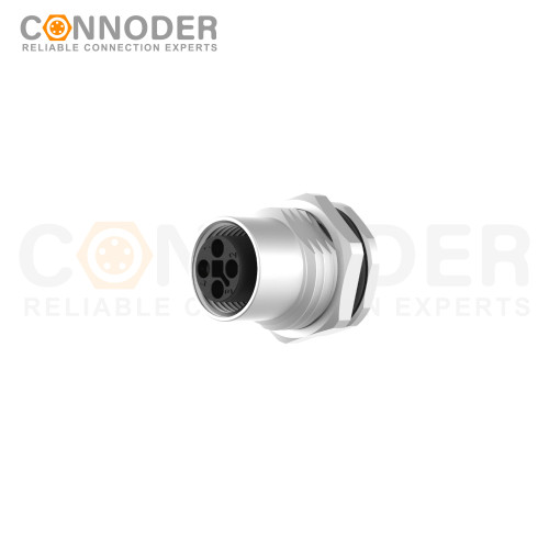 M12 T Coded Female Circular Connector-Panel Mount,Solder Connection,M16x1.5, Front Fastened