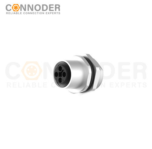 M12 T coded Female Circular Connector-Panel Mount,Solder Connection,M16x1.5, Rear Fastened