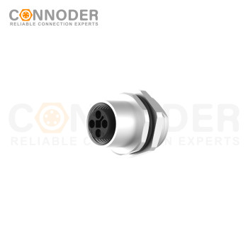 M12 T coded Female Circular Connector-Panel Mount,Solder Connection,M16x1.5, Rear Fastened